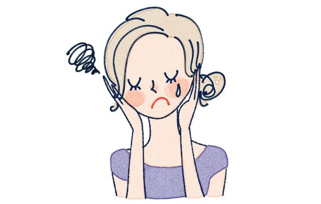 日焼けで顔が赤くなった女性　困る　イラスト