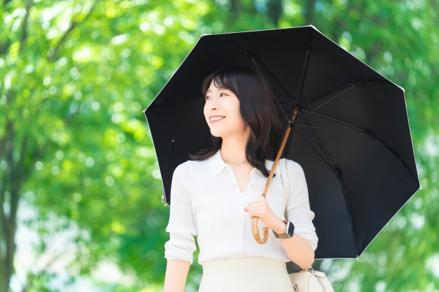 内側が黒、外側が白の日傘をさす女性　紫外線　熱中症対策