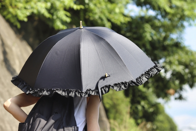 黒い傘をさす女性の後ろ姿　紫外線　熱中症対策