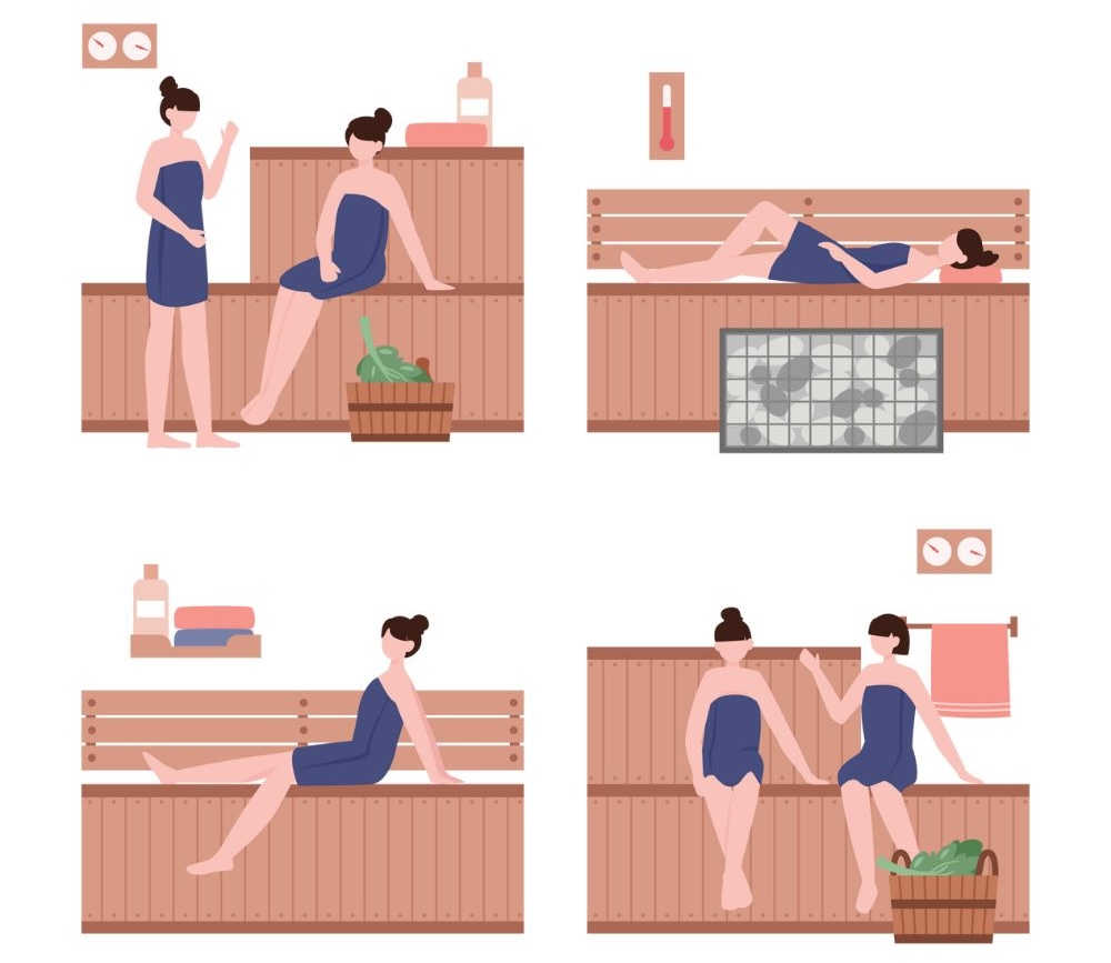 サウナに入る女性たち　イラスト