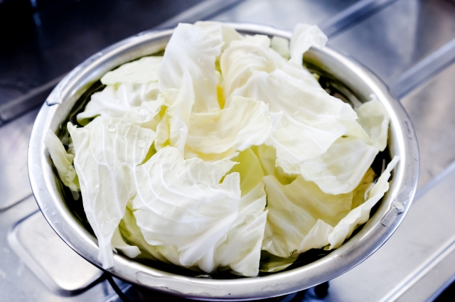 ボウルに入った千切った生キャベツ