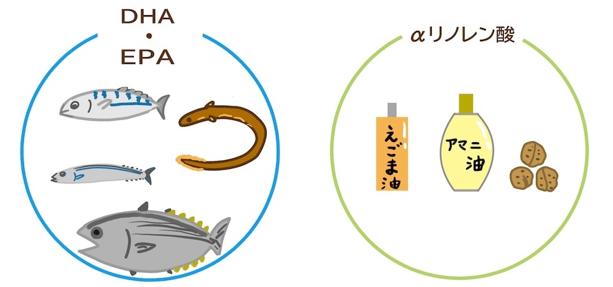 DHA、EPAとリノレン酸を含む食材をそれぞれイラストで示している