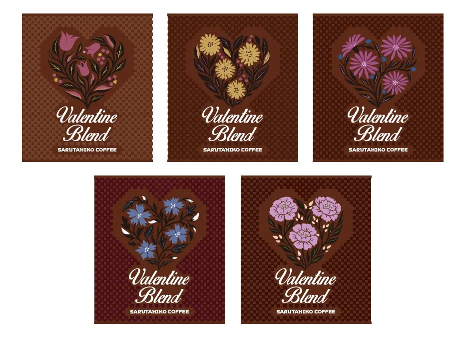 バレンタインブレンドと書かれたコーヒーのパッケージデザイン。ハートの形をした花のイラストが特徴的。