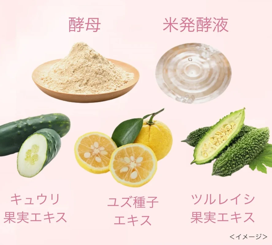 酵母、米発酵液、キュウリ、ユズ、ツルレイシの実の画像