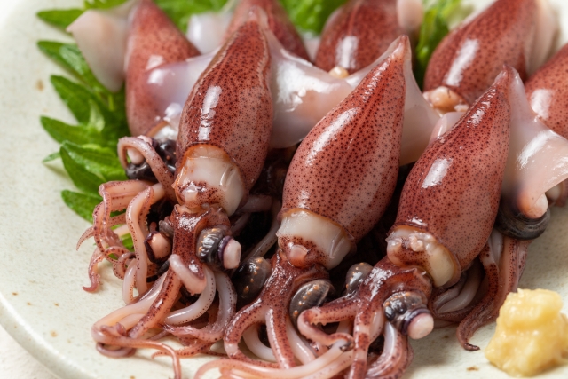 ホタルイカ　おつまみ　生姜が添えられている