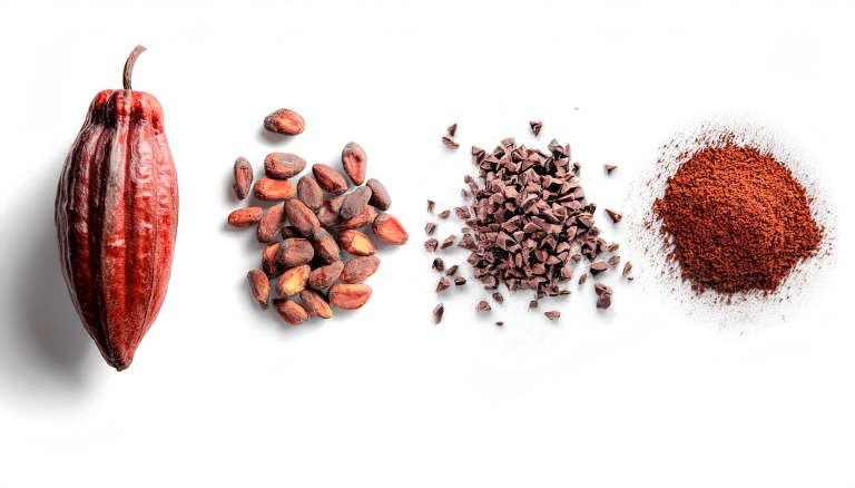 左からカカオ、カカオの実、カカオニブ、カカオパウダー