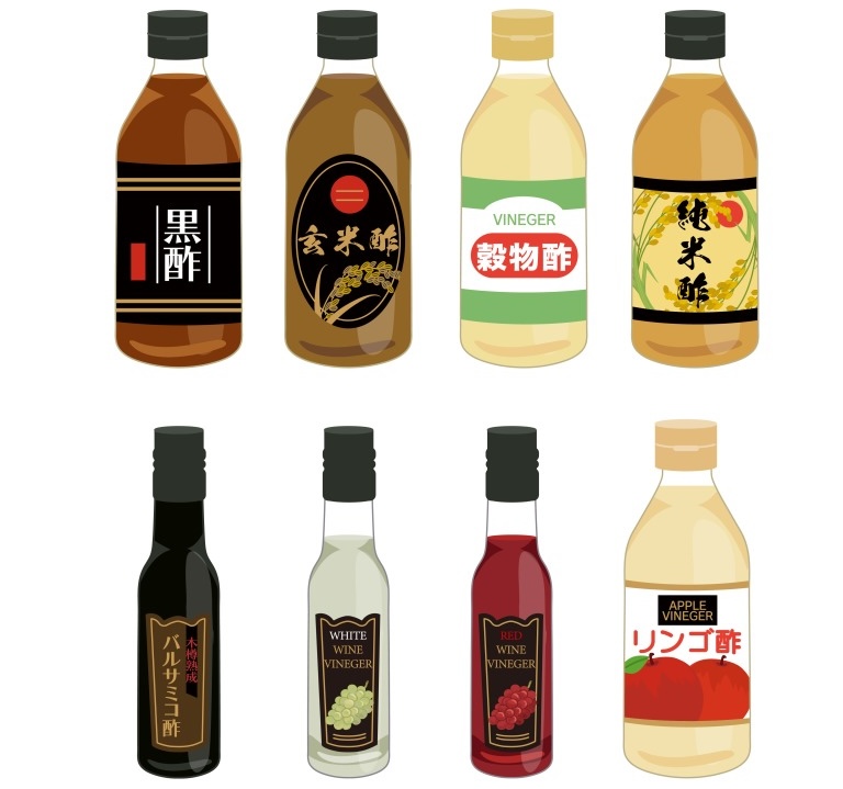 様々な種類の瓶入りのお酢のイラストセット