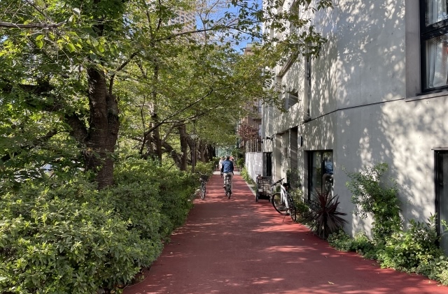 整備された緑道　赤い塗装　サイクリングや散歩する人