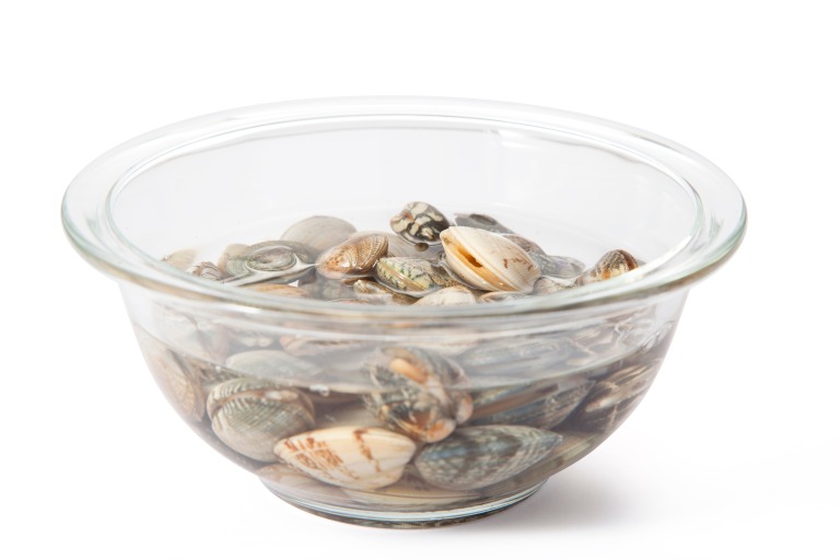 あさりの砂抜き ガラスボウルに入れて下処理中