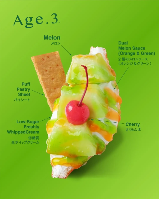 メロン、ソース、クリーム、パイ、チェリーの層