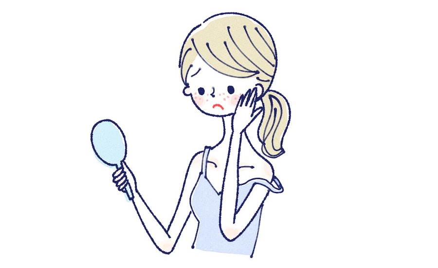 鏡を見る肌で悩んでいる女性のイラスト