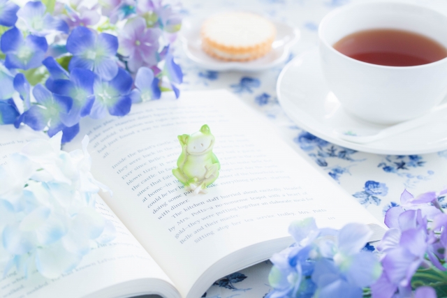 梅雨の読書イメージ　カエルの置物が本に乗せられている