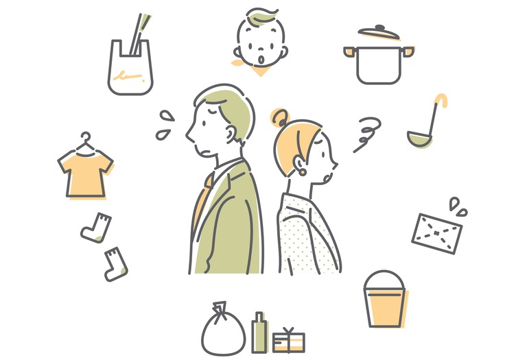 忙しいとも働き夫婦のイラスト 家事や育児に追われるイメージ