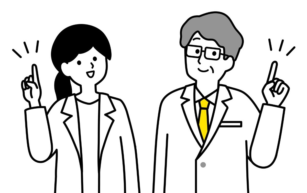 女性と男性の医師たちが指を立てているイラスト